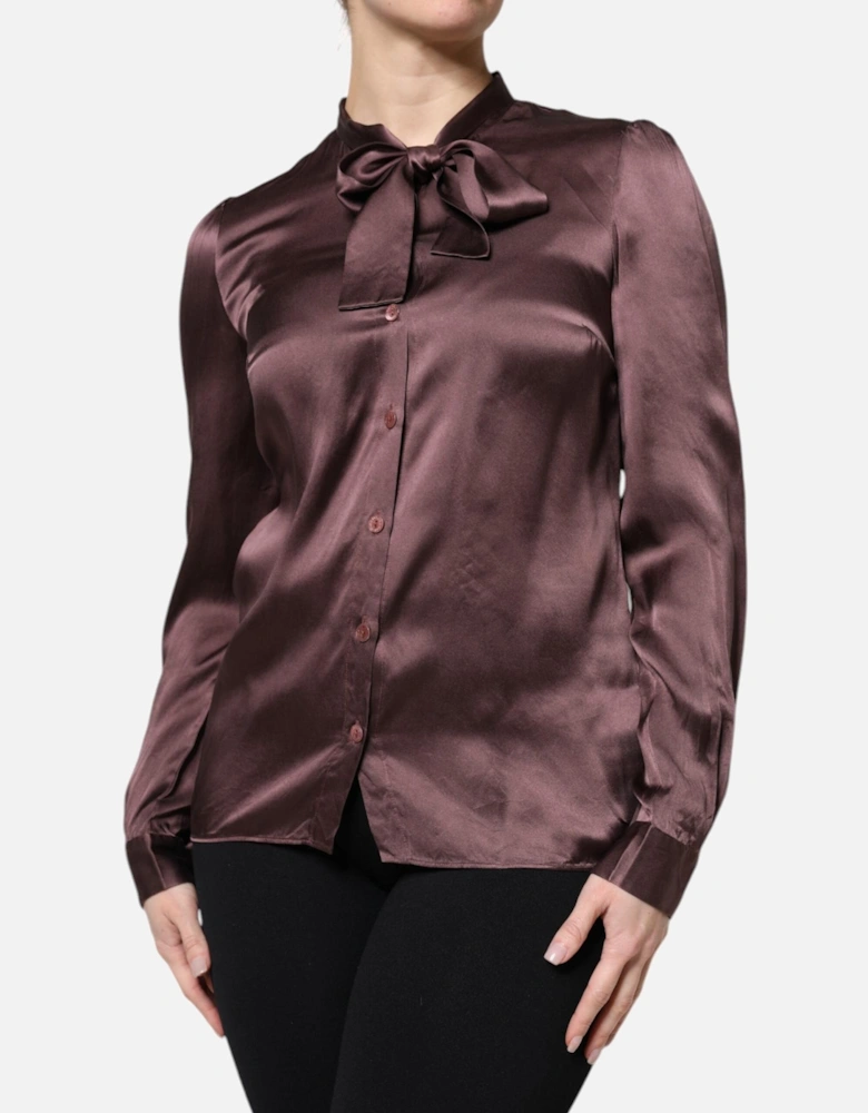 Ascot Collar Silk Blouse Top Women - Brown T-Shirts