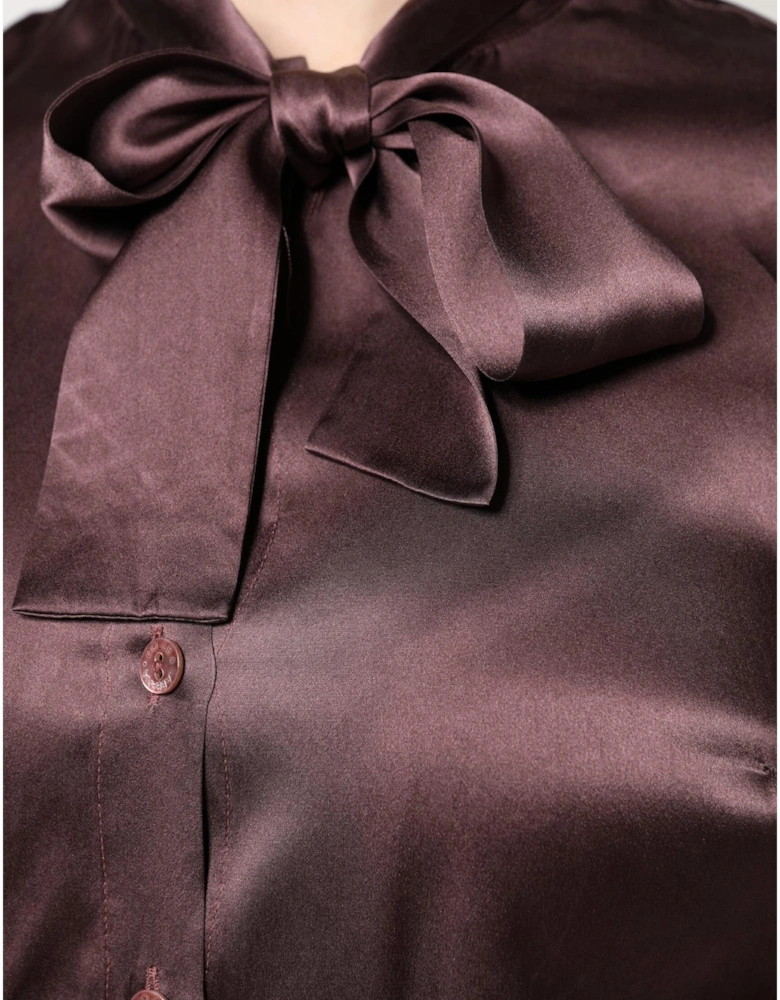 Ascot Collar Silk Blouse Top Women - Brown T-Shirts