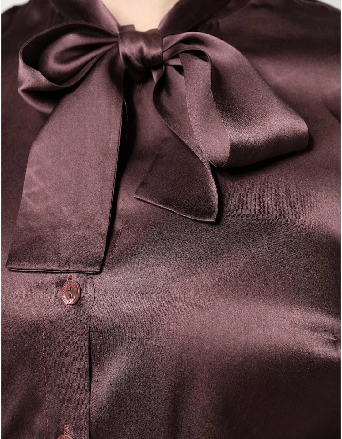 Ascot Collar Silk Blouse Top Women - Brown T-Shirts