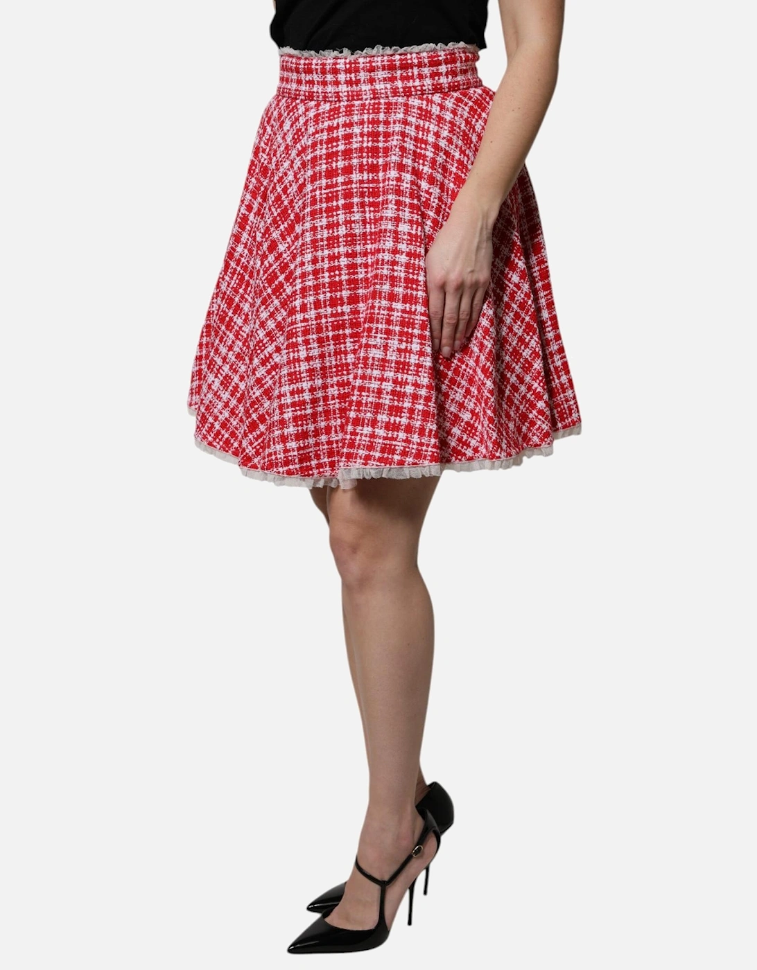 High Waist Above Knee Skirt with Zipper Closure Women - White And Red