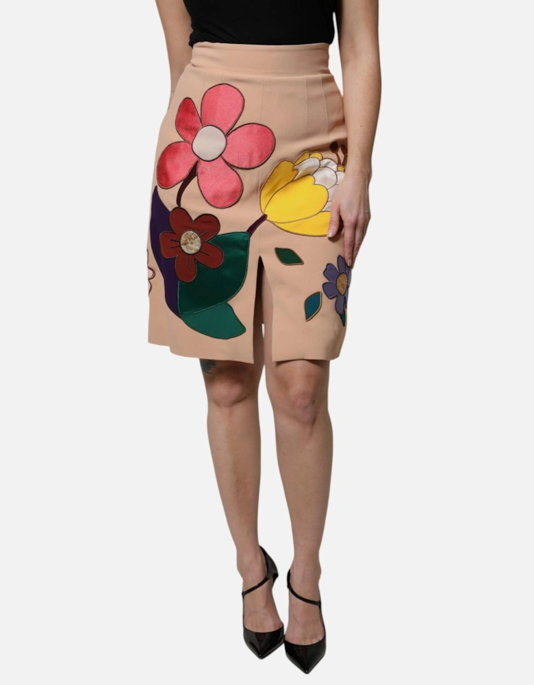 High Waist Floral Embroidered Pencil Skirt Women - Beige