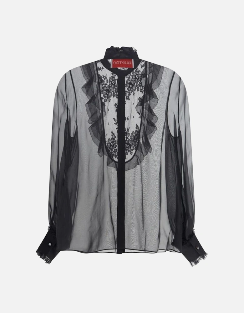 Chiffon Shirt with Ruffle and Lace Details Women - Black