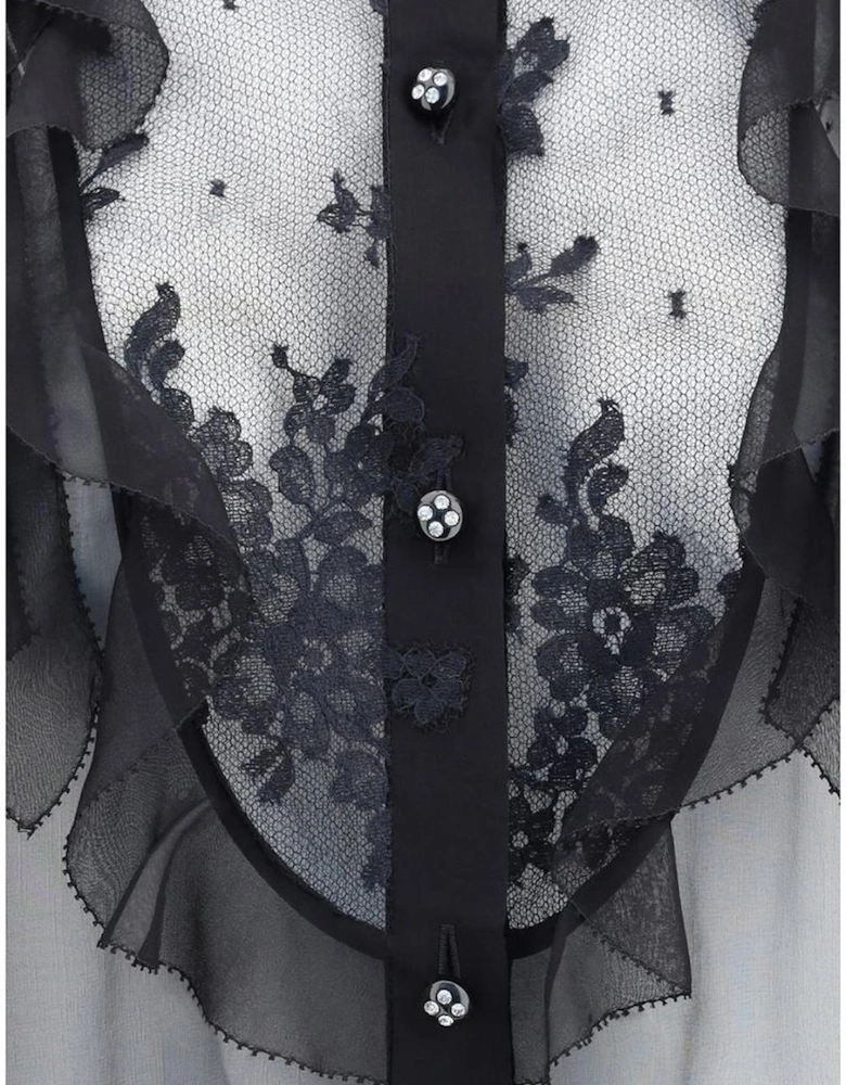 Chiffon Shirt with Ruffle and Lace Details Women - Black