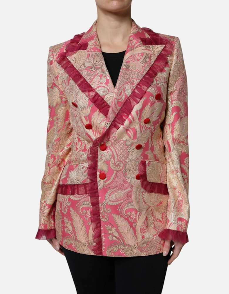 Floral Jacquard Double Breasted Jacket Women - Gold And Pink Jackets