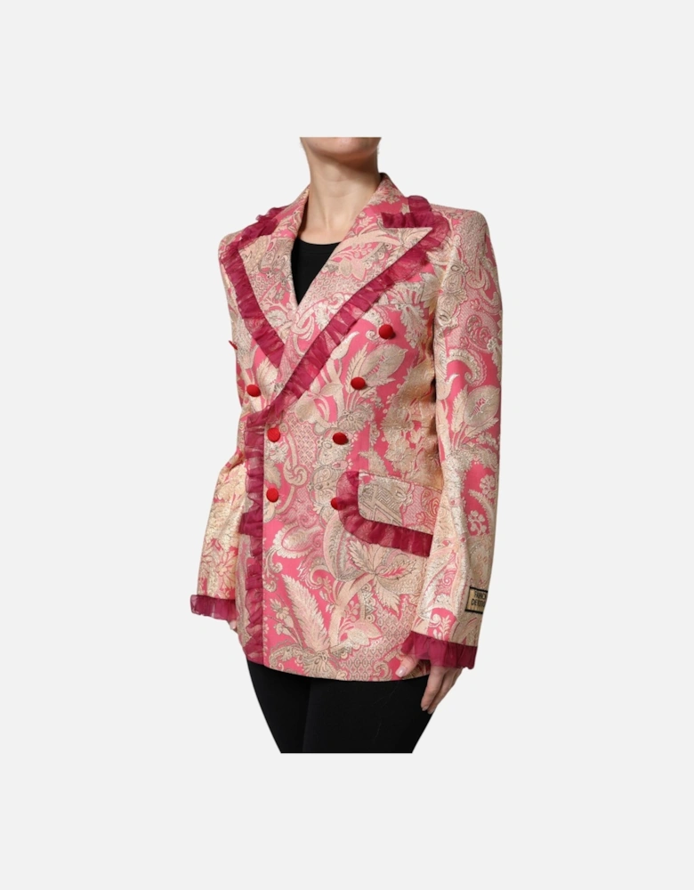 Floral Jacquard Double Breasted Jacket Women - Gold And Pink Jackets