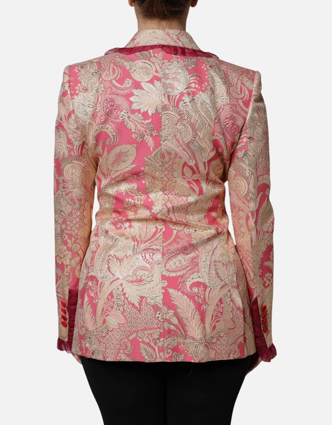 Floral Jacquard Double Breasted Jacket Women - Gold And Pink Jackets