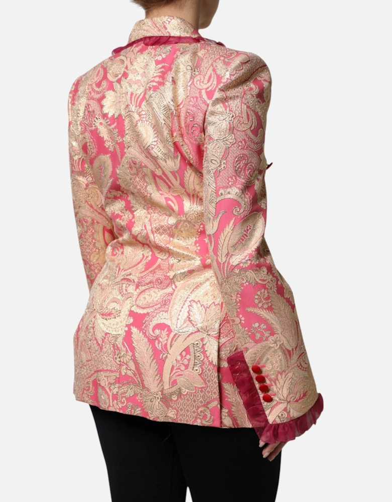 Floral Jacquard Double Breasted Jacket Women - Gold And Pink Jackets
