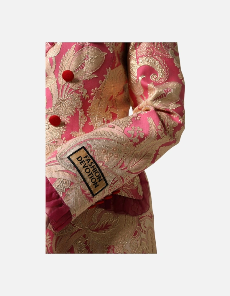 Floral Jacquard Double Breasted Jacket Women - Gold And Pink Jackets