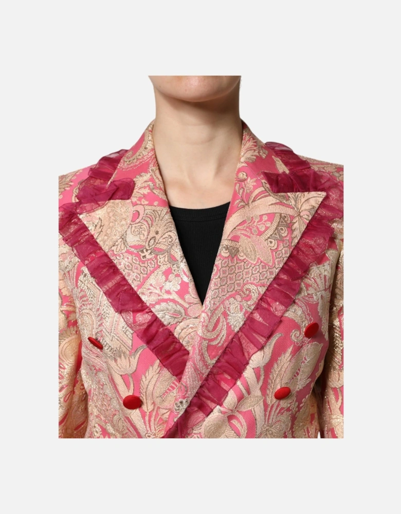 Floral Jacquard Double Breasted Jacket Women - Gold And Pink Jackets