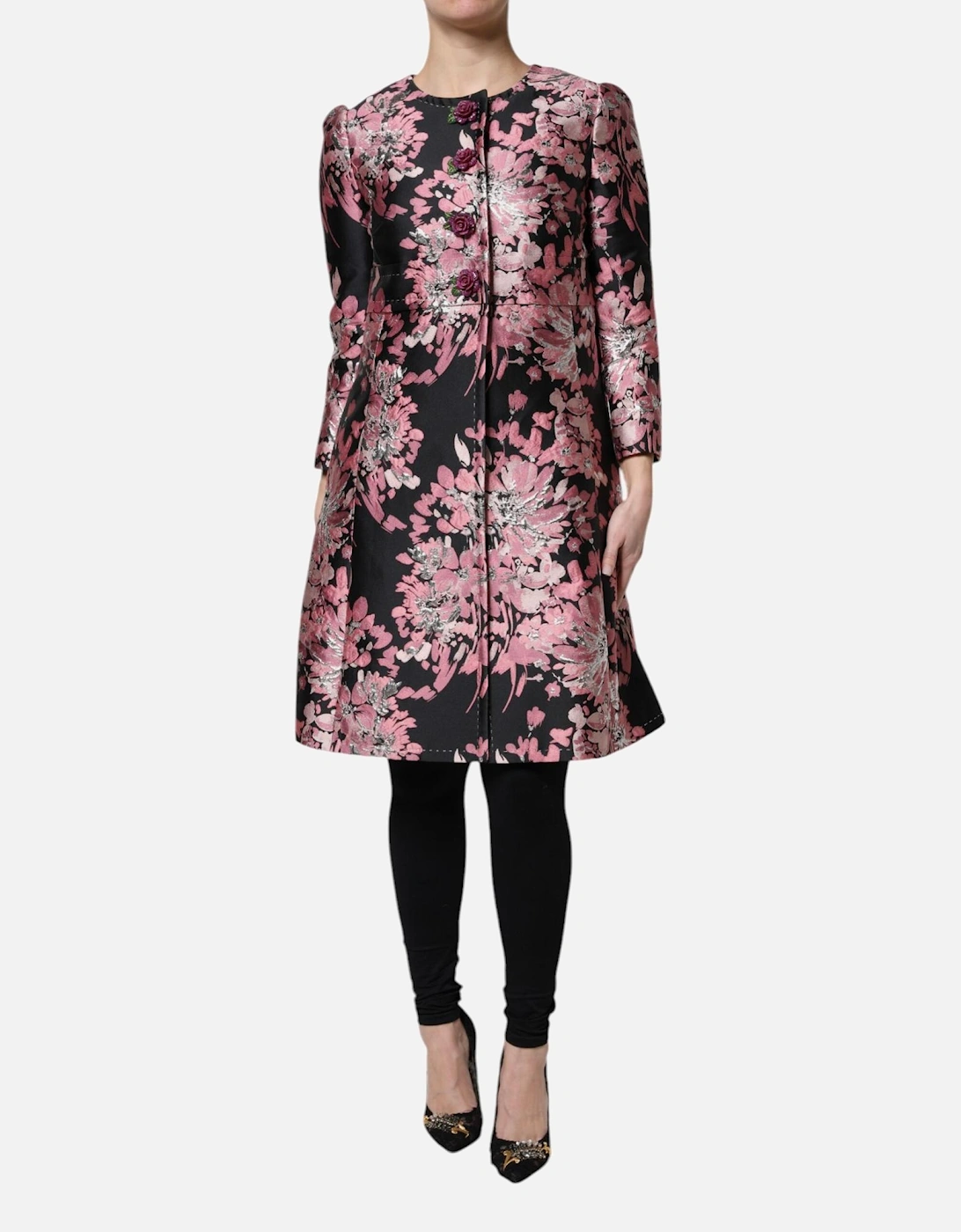 Floral Jacquard Trench Coat with Button Closure Women - Pink Jackets, 7 of 6