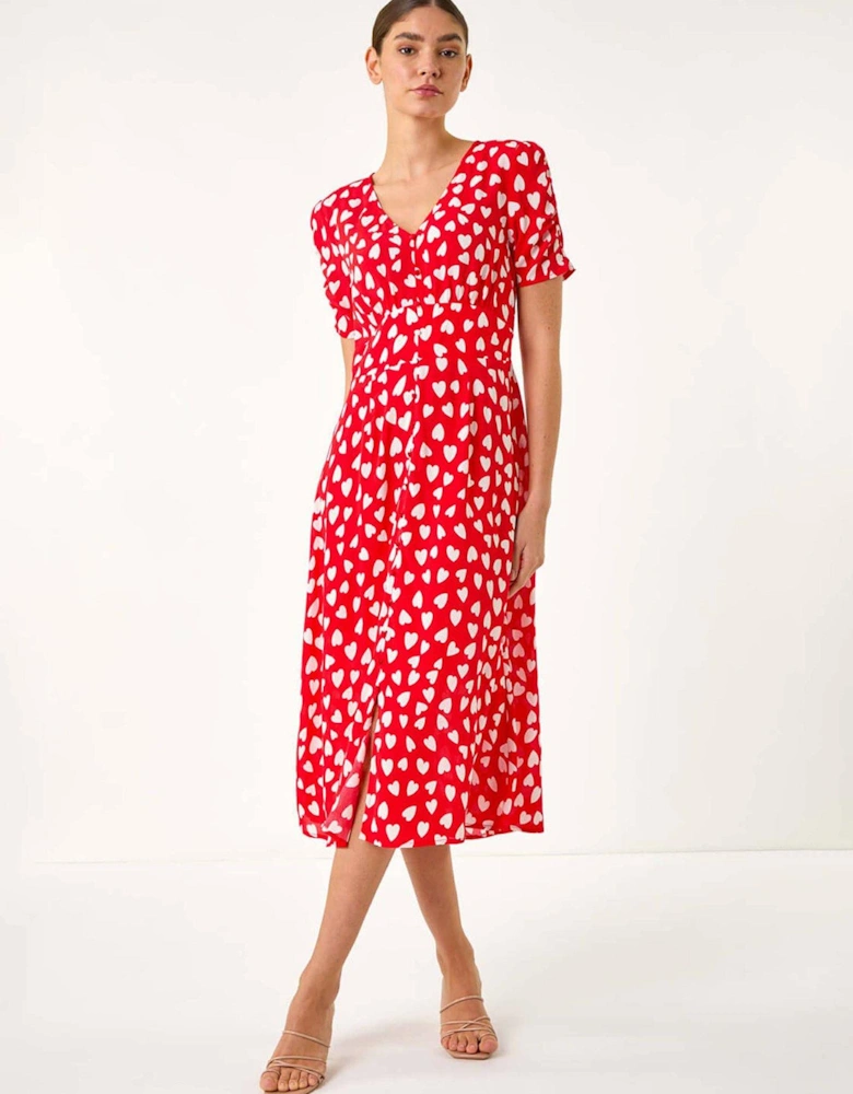 Heart Print Ruched Midi Dress - Red
