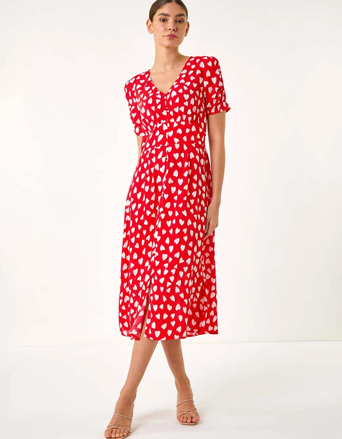 Heart Print Ruched Midi Dress - Red, 2 of 1