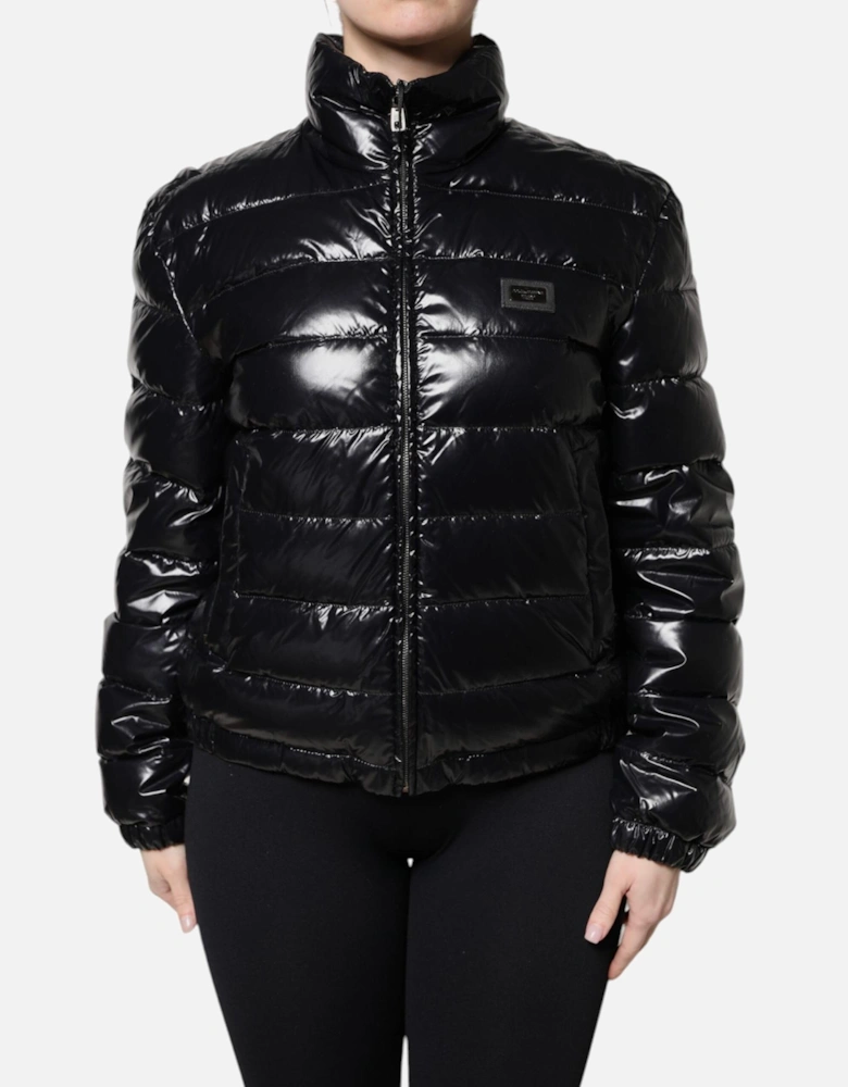 Full Zip Puffer Jacket with Logo Details Women - Black Jackets