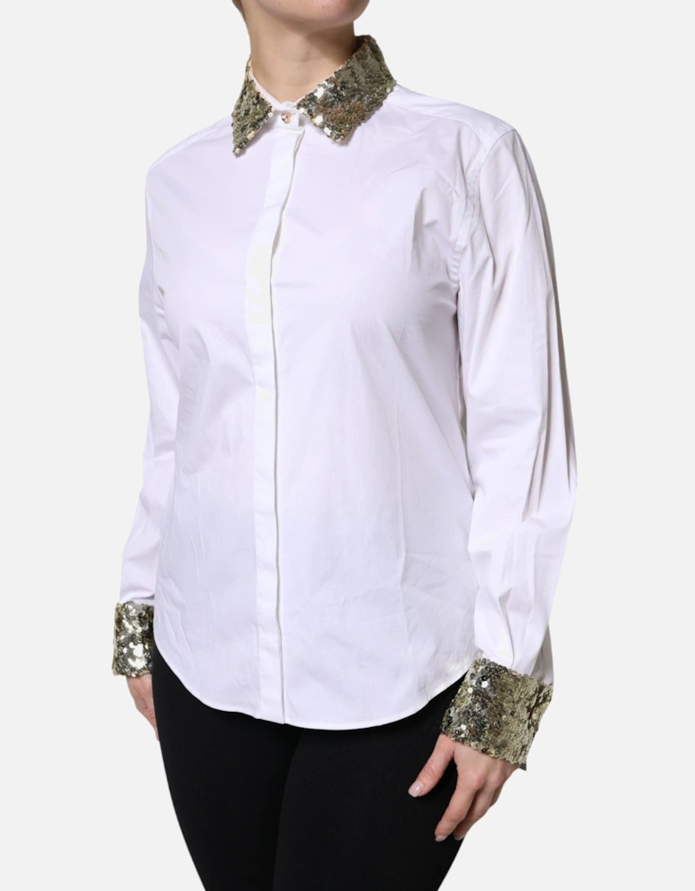 Collared Long Sleeves Dress Shirt with Sequins Women - White