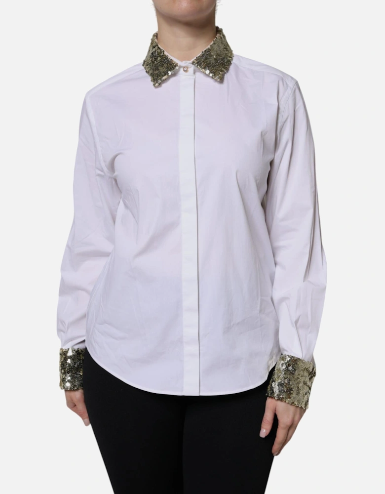 Collared Long Sleeves Dress Shirt with Sequins Women - White