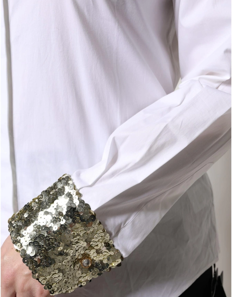 Collared Long Sleeves Dress Shirt with Sequins Women - White