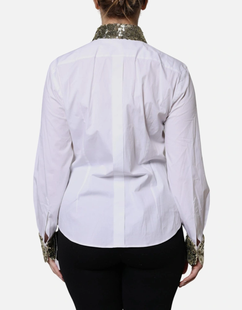 Collared Long Sleeves Dress Shirt with Sequins Women - White