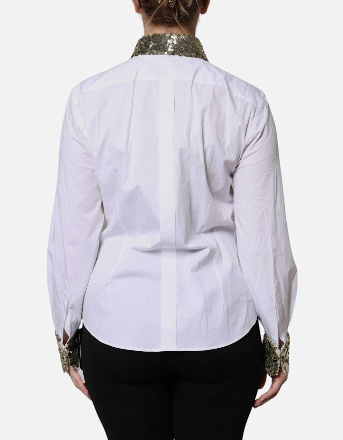 Collared Long Sleeves Dress Shirt with Sequins Women - White