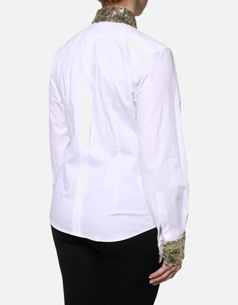 Collared Long Sleeves Dress Shirt with Sequins Women - White