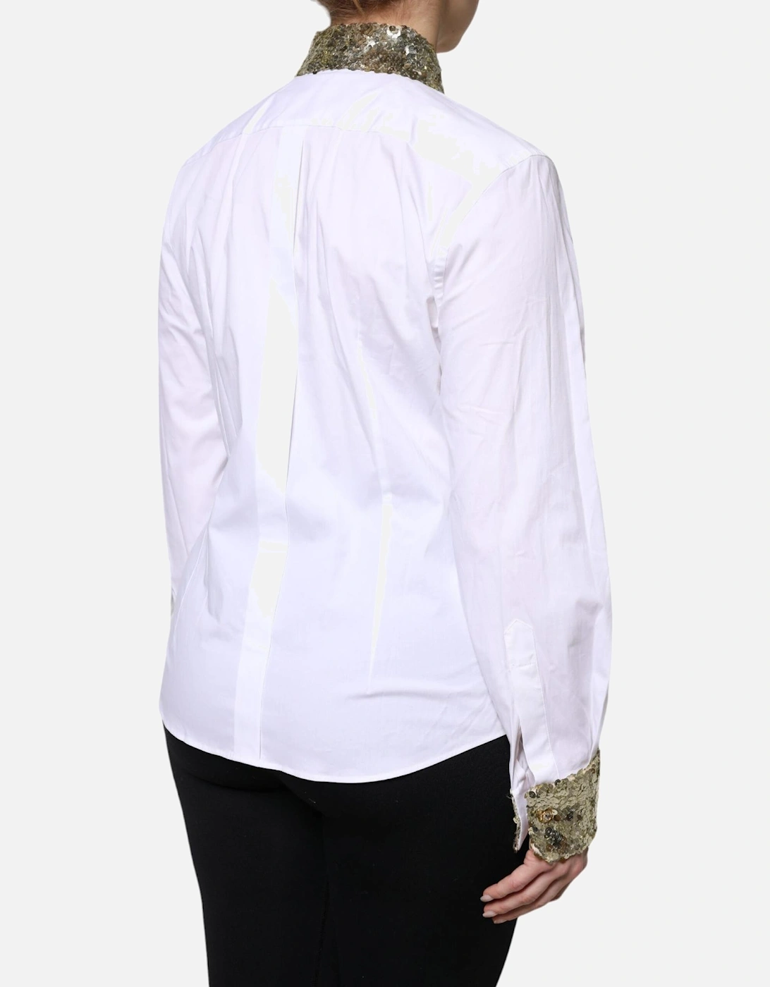 Collared Long Sleeves Dress Shirt with Sequins Women - White