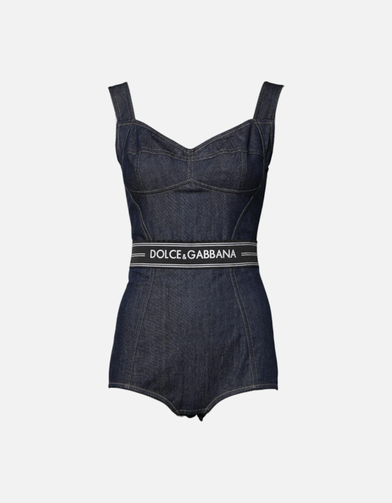 Stretch Denim Bodysuit with Back Zipper Closure Women - Blue T-Shirts