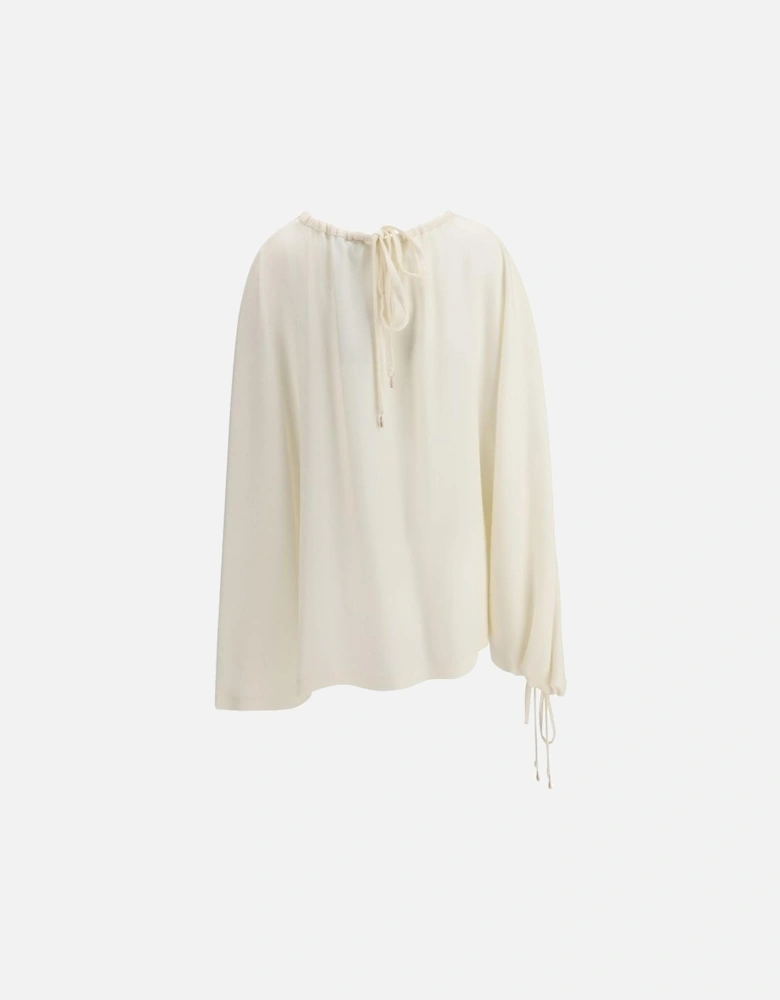 Silk Blouse Relaxed Fit Drawstring Sleeves Women - Cream T-Shirts