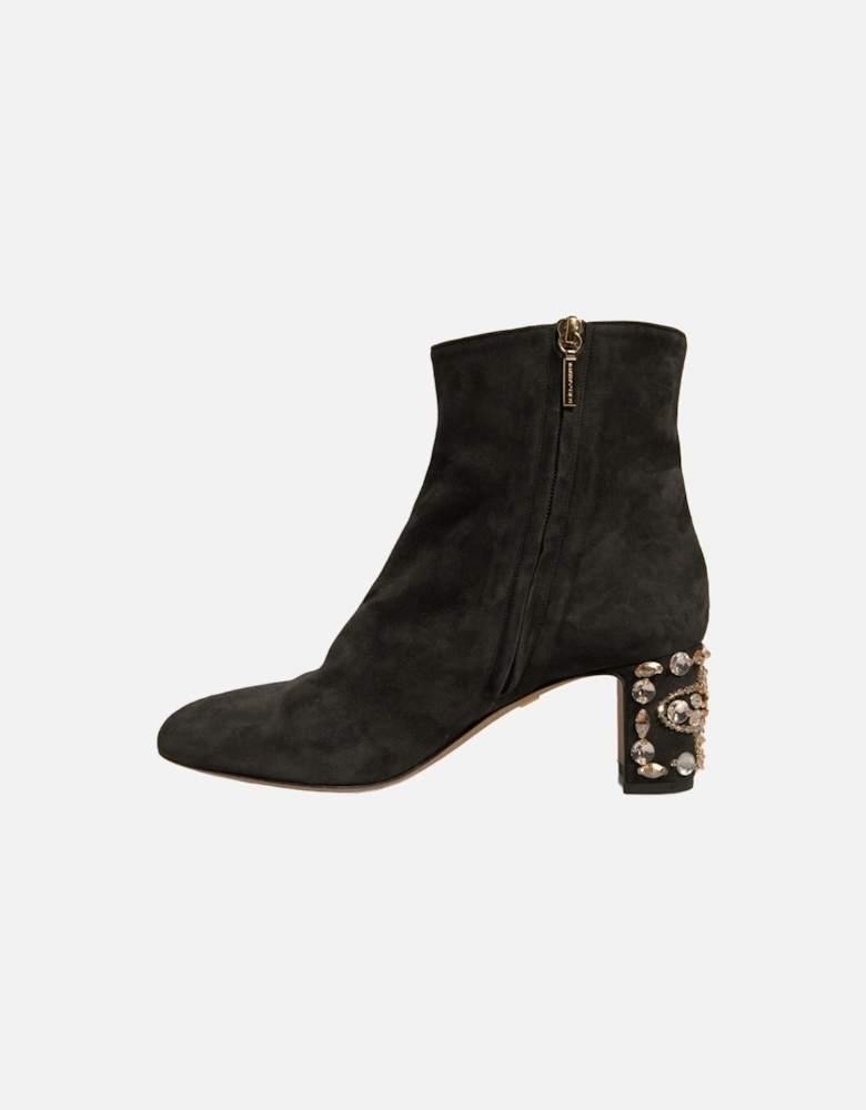 Embellished Heel Leather and Suede Ankle Boots Women - Black