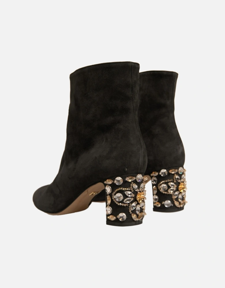 Embellished Heel Leather and Suede Ankle Boots Women - Black