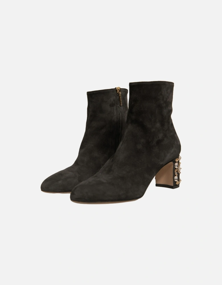 Embellished Heel Leather and Suede Ankle Boots Women - Black