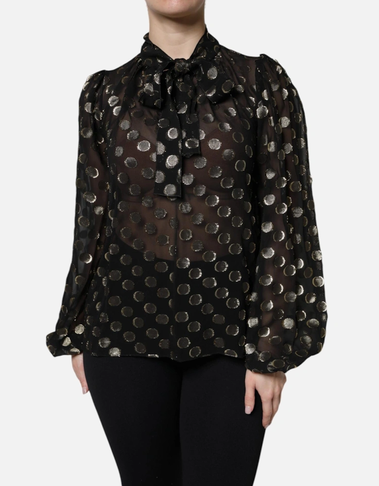 Sheer Organza Button-Up Shirt with Peasant Sleeves Women - Gold Black