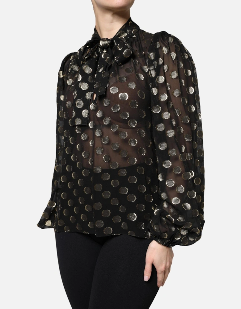 Sheer Organza Button-Up Shirt with Peasant Sleeves Women - Gold Black