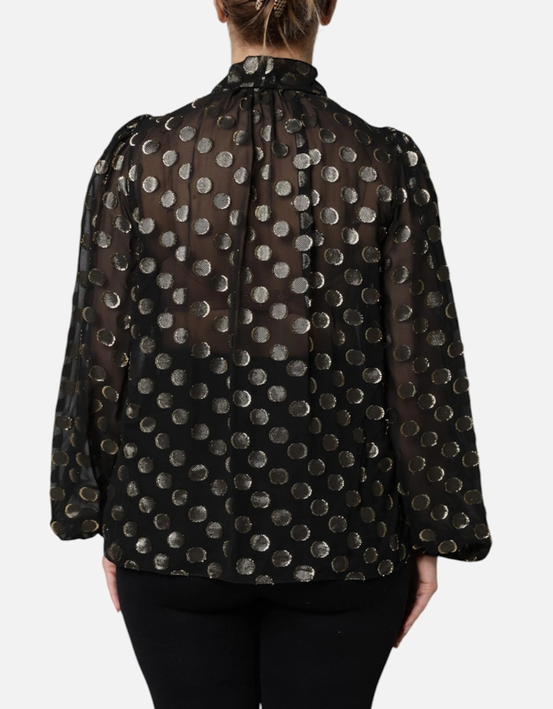 Sheer Organza Button-Up Shirt with Peasant Sleeves Women - Gold Black