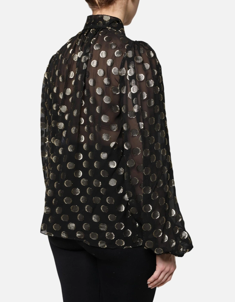 Sheer Organza Button-Up Shirt with Peasant Sleeves Women - Gold Black