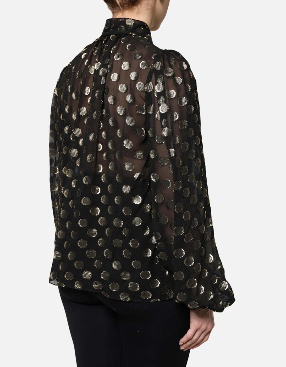Sheer Organza Button-Up Shirt with Peasant Sleeves Women - Gold Black