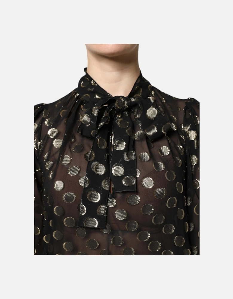 Sheer Organza Button-Up Shirt with Peasant Sleeves Women - Gold Black