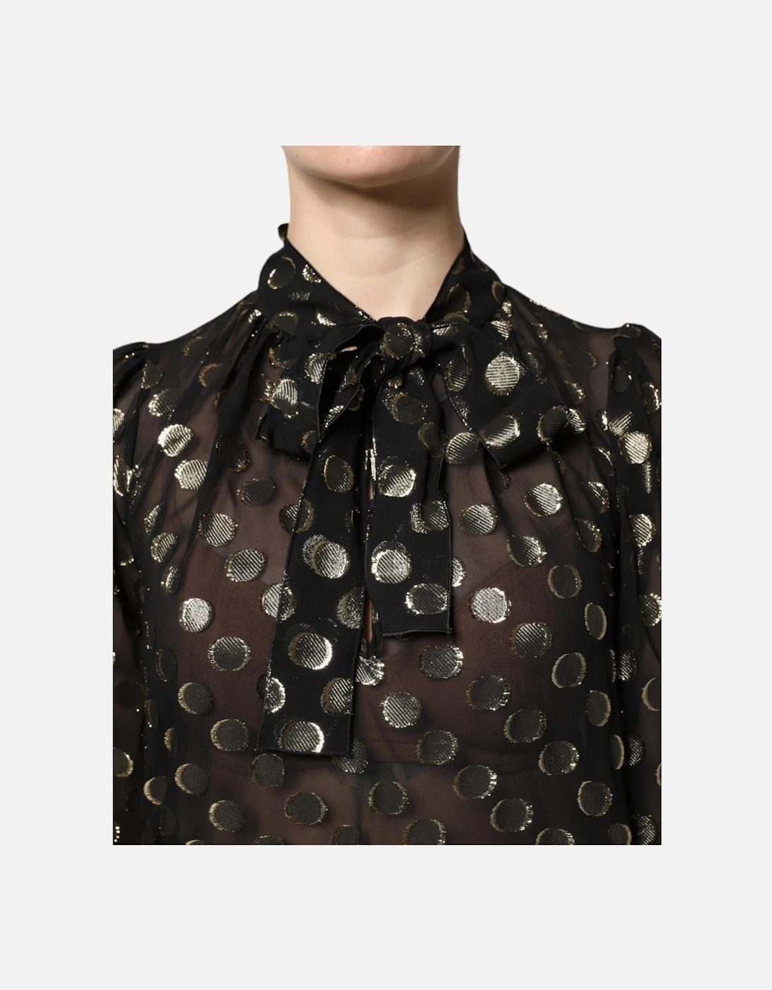 Sheer Organza Button-Up Shirt with Peasant Sleeves Women - Gold Black
