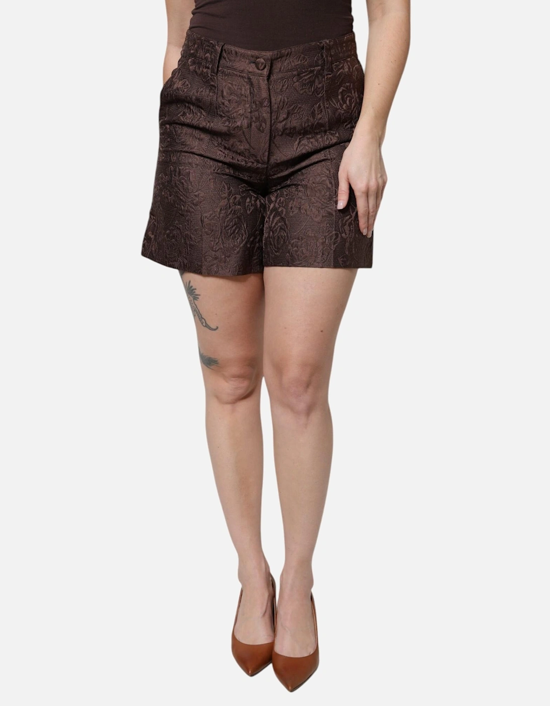 Floral Brocade Mini Shorts with Zipper Closure Women - Brown, 6 of 5