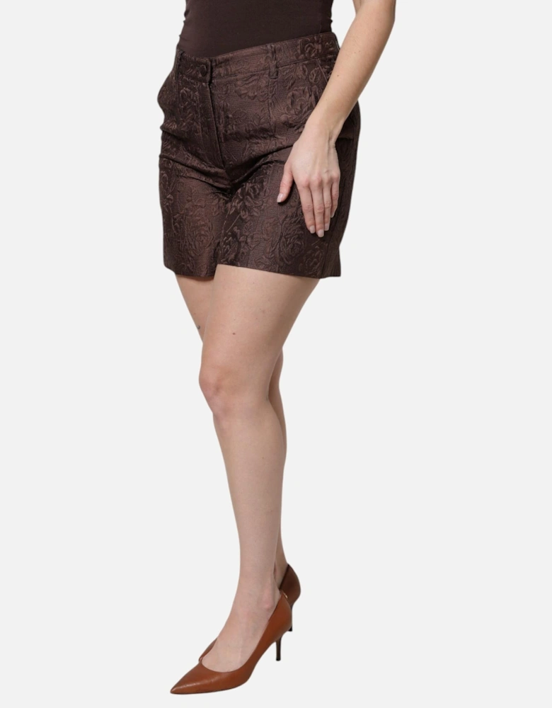 Floral Brocade Mini Shorts with Zipper Closure Women - Brown