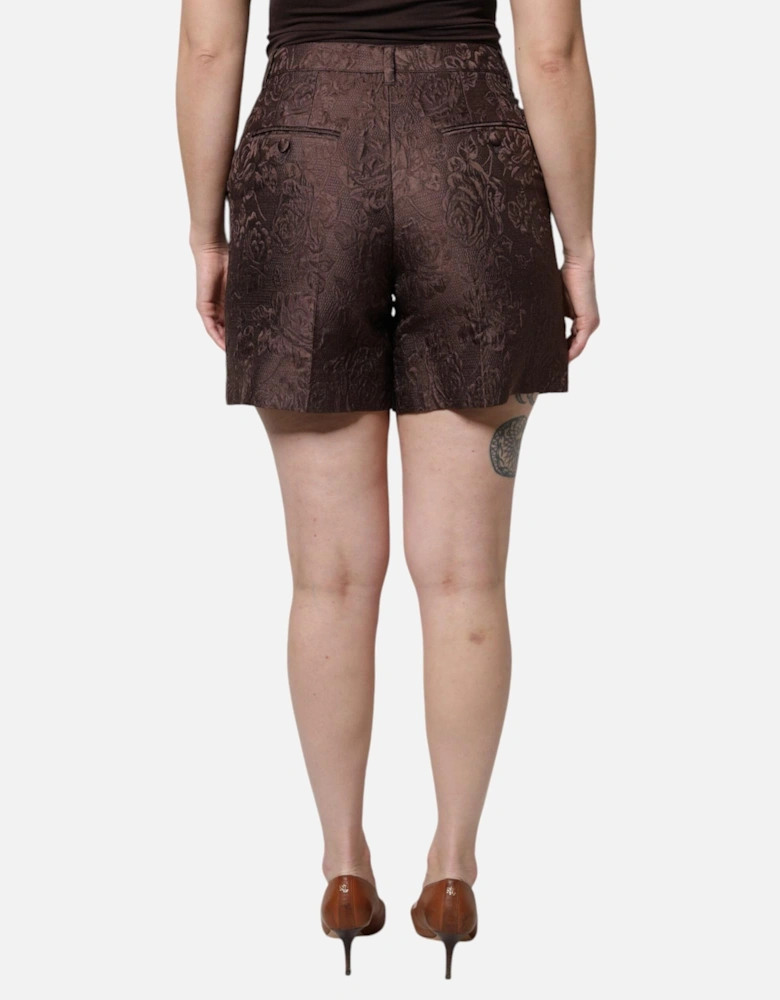 Floral Brocade Mini Shorts with Zipper Closure Women - Brown