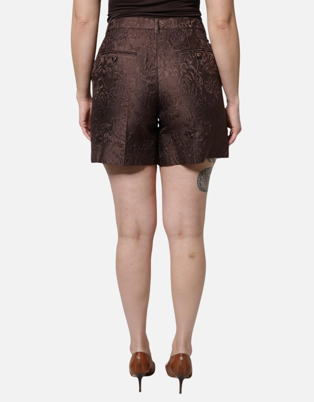 Floral Brocade Mini Shorts with Zipper Closure Women - Brown