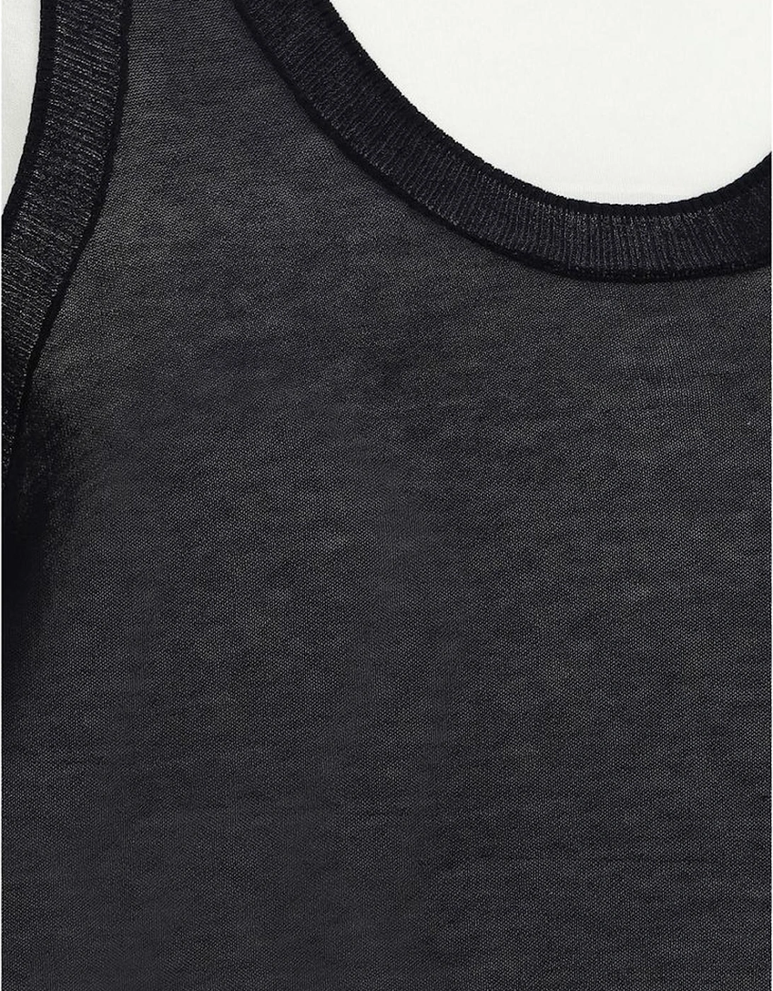 Double-Layer Knitted T-Shirt with Ribbed Neckline Women - Black