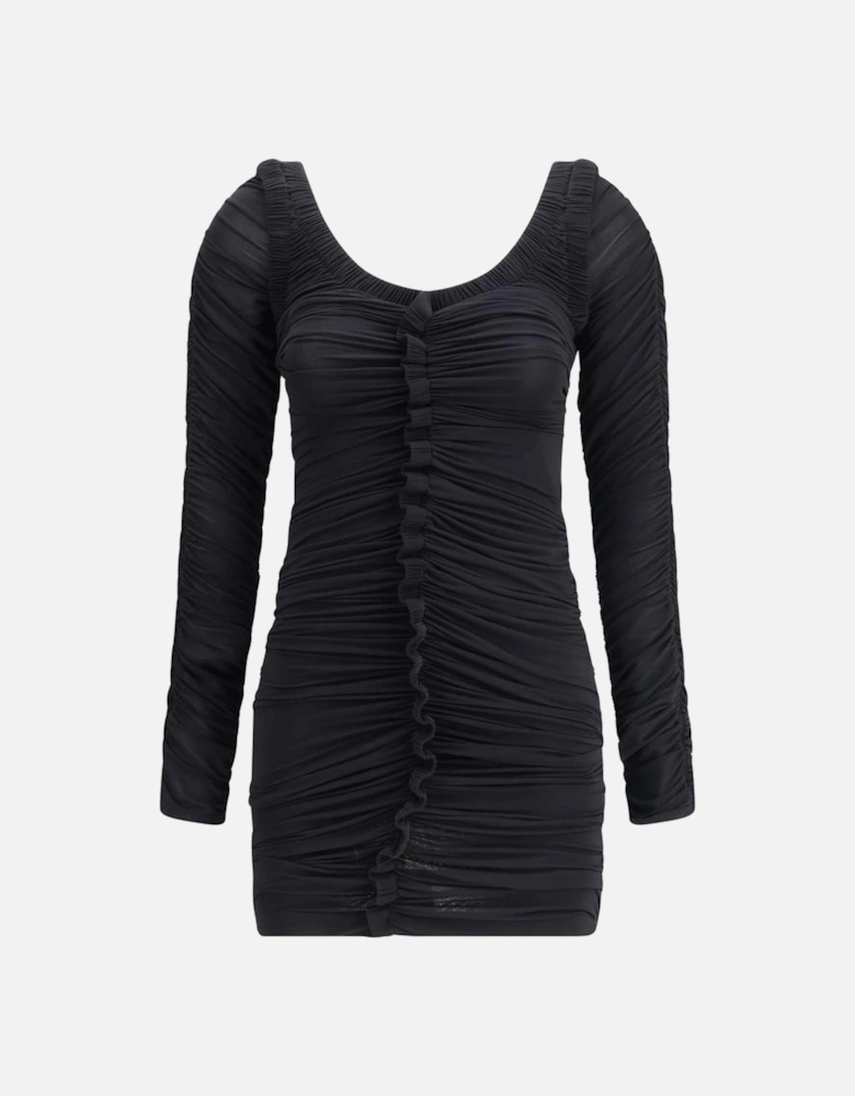 Mini Long-Sleeve Ruffled V-Neck Dress Women - Black Dresses