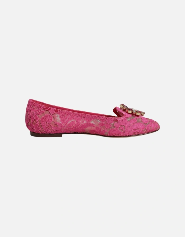 Floral Lace Ballet Flats with Crystal Buckle Women - Fuchsia