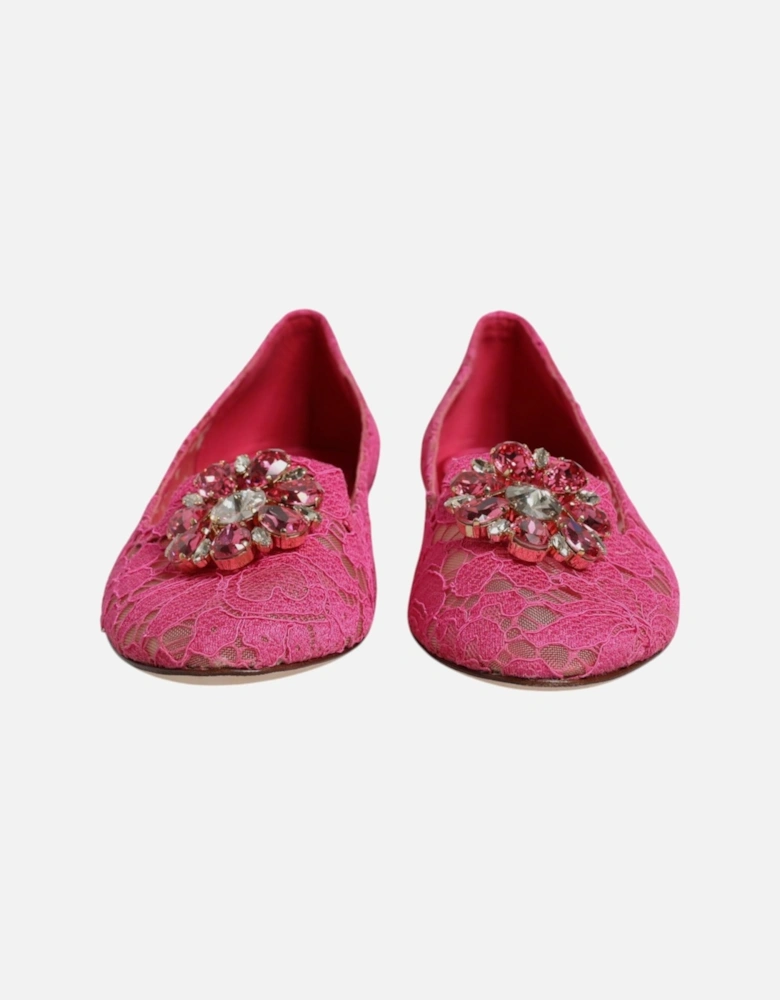 Floral Lace Ballet Flats with Crystal Buckle Women - Fuchsia