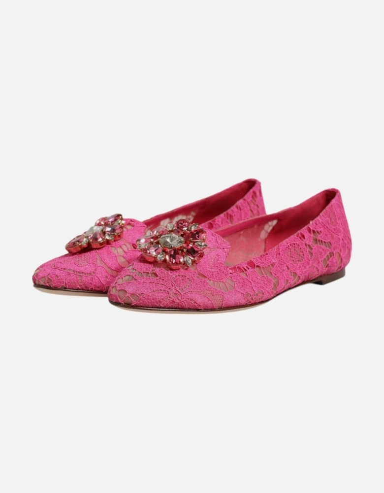 Floral Lace Ballet Flats with Crystal Buckle Women - Fuchsia