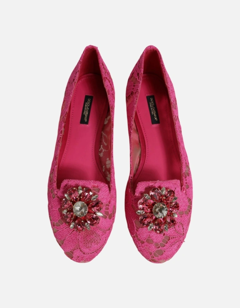 Floral Lace Ballet Flats with Crystal Buckle Women - Fuchsia