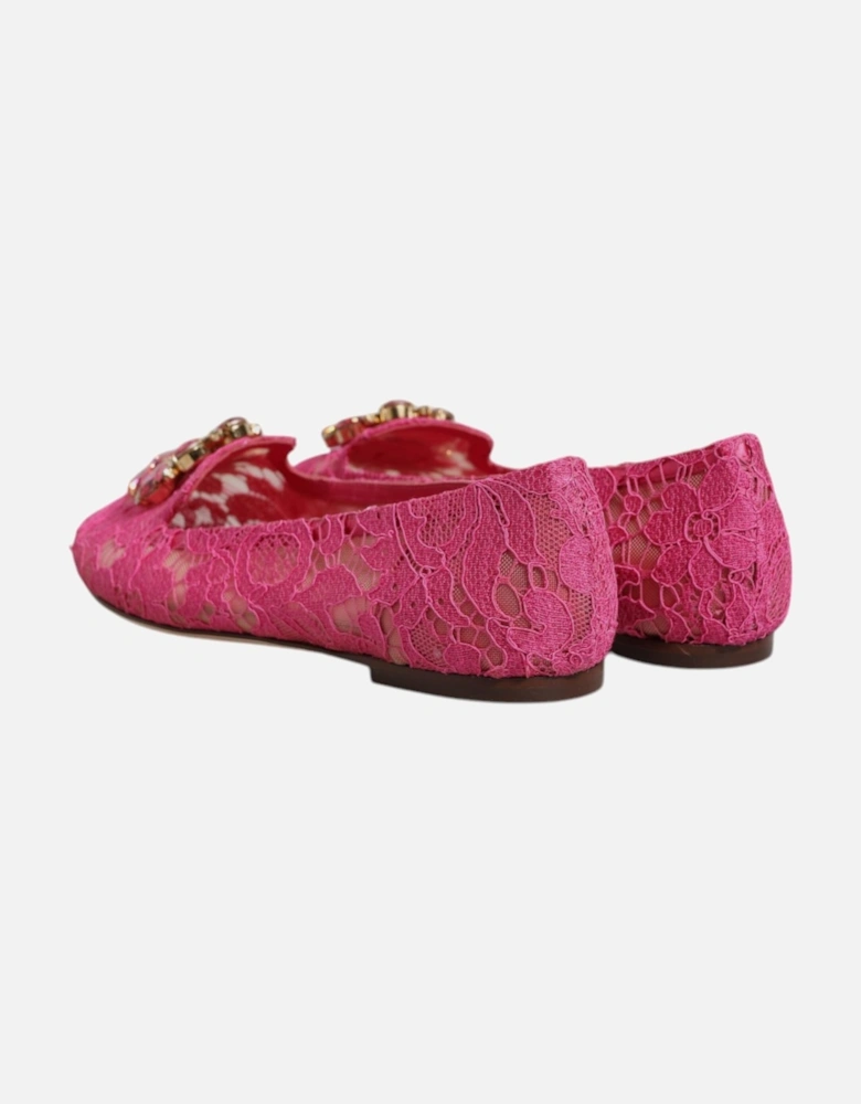 Floral Lace Ballet Flats with Crystal Buckle Women - Fuchsia