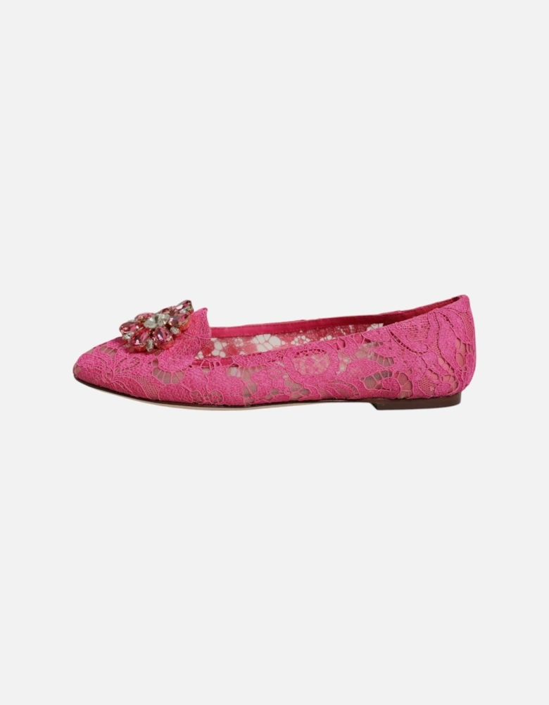 Floral Lace Ballet Flats with Crystal Buckle Women - Fuchsia
