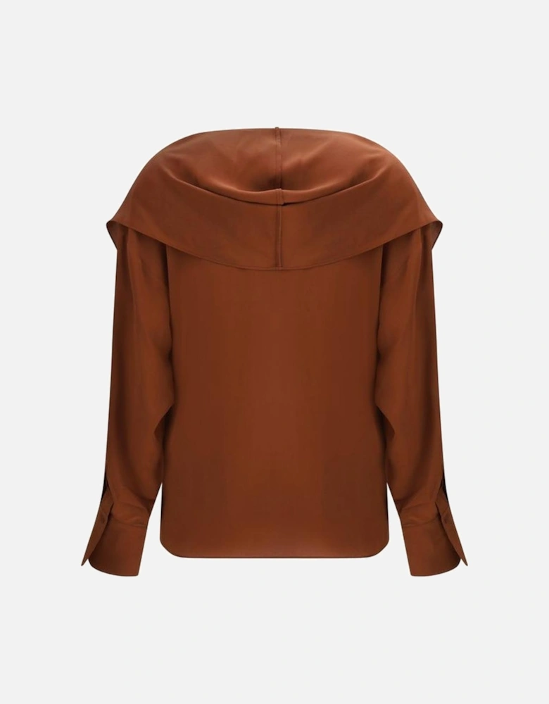 Silk Hooded Blouse with Shawl Collar and Wrap Closure Women - Brown