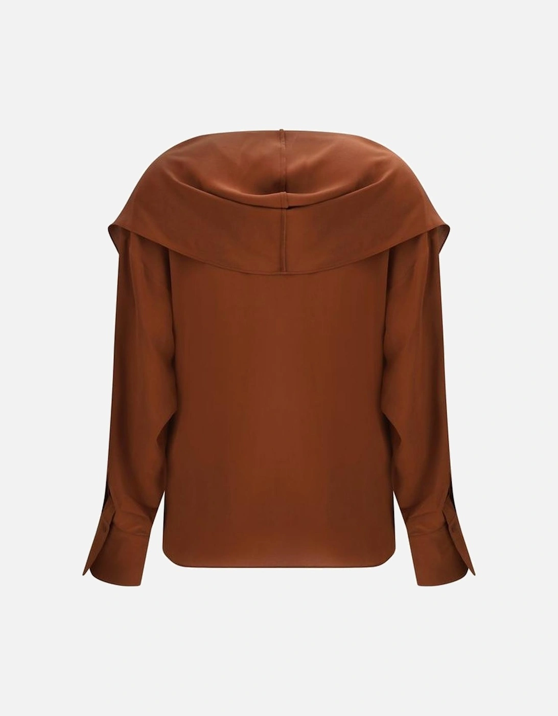 Silk Hooded Blouse with Shawl Collar and Wrap Closure Women - Brown